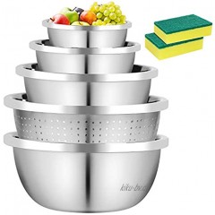 EXLECO Küchenschüssel Edelstahl Rührschüssel 5-teilig Set 20 +22+24+26+26cm Salatschüssel Set Schüsseln für die Küche Nudelsieb und Schüssel Set mit 2 Schwämme