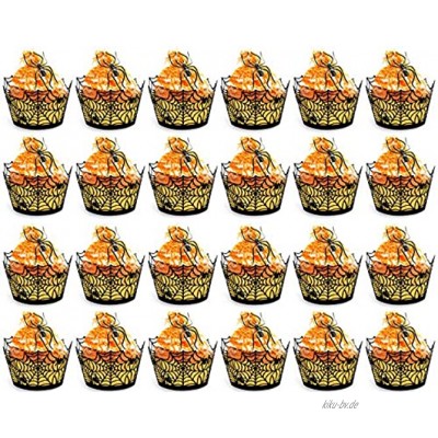 YEFAF Halloween Cupcake Toppers 24 Stücke Halloween Kuchendekoration Kit Spinnennetz Cake Wrapper & Spinnenringen für Halloween Party DecorationsStil B