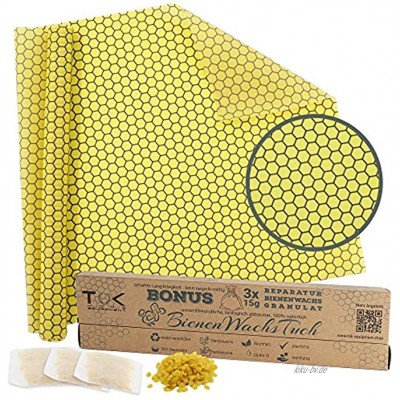 TOK® Bienenwachstuch XL Rolle Natur Bienenwachs Rolle wiederverwendbar waschbar Beeswax Wrap Wachspapier inkl. 3 x 15g Reparaturwachs & Schnittmuster Waben
