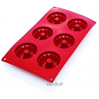 Gugelhupf-Backform aus Silikon in rot temperaturbeständig von -40 °C bis 280 °C PREMIUM-QUALITÄT spülmaschinentauglich Abmessung außen: 30 x 17,5 cm 6 Formen Ø 7,0 cm Höhe: 3,5 cm