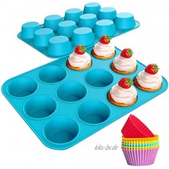 katbite Silikon Muffinform 12er Antihaft Blau Muffinblech BPA Frei Backblech Backform für Cupcakes Brownies Kuchen Pudding