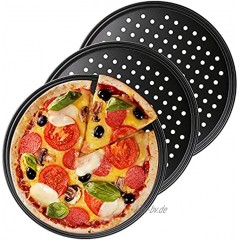 Bekith 3 Stück Pizza Pfanne Rund Pizzablech Antihaftbeschich Karbonstahl mit Löchern für Küche Ofen 33cm Schwarz