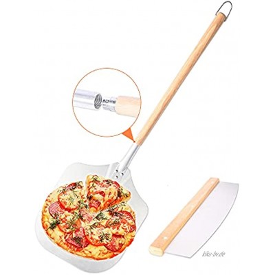 FOSSMAO Pizzaschieber Aluminium,Pizzaschaufel mit großer Fläche 30.5cm x 43.5cm Verlängern Griff aus Holz [90cm]，Mit Profi Pizzaschneider Wiegemesser