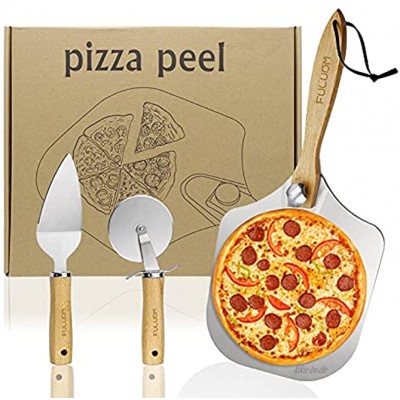 Pizzaschieber Pizzaschaufel Pizza Schieber Schaufel Pizzaschneider Pizzaheber für Pizzastein Aluminium Metall Edelstahl FULUDM mit Holzgriff 30.5x35.5cm