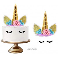Einhorn-Kuchen-Hut handgemachte Blume Einhorn Horn Ohren und Blume und Wimpern Set Einhorn Dekoration verwendet für Babyparty Hochzeit und Geburtstag Party Gold