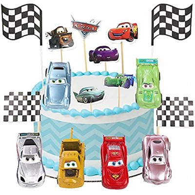 Syijupo Tortendeko Auto Geburtstag Mini Auto Tortendekoration Checkered Racing Flagge Cars Lightning McQueen Dekoration Cupcake-Aufsätze für Kinder Mädchen Junge